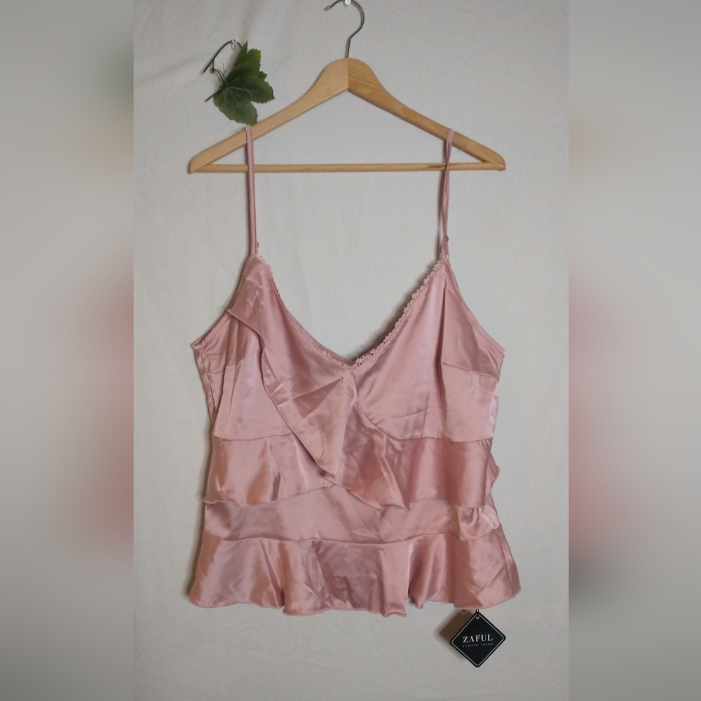 NWT Zaful Blush Satin Layered Cami Ruffle Tier Tank Top Blouse Large